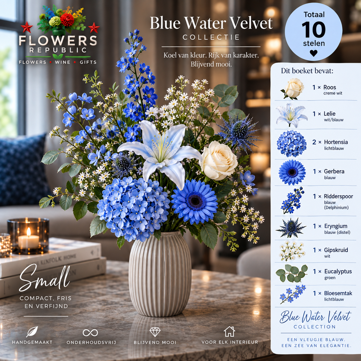 Blue Water Velvet Kollektion | Kunstblumen | Small, Medium, Large, Excellence XL