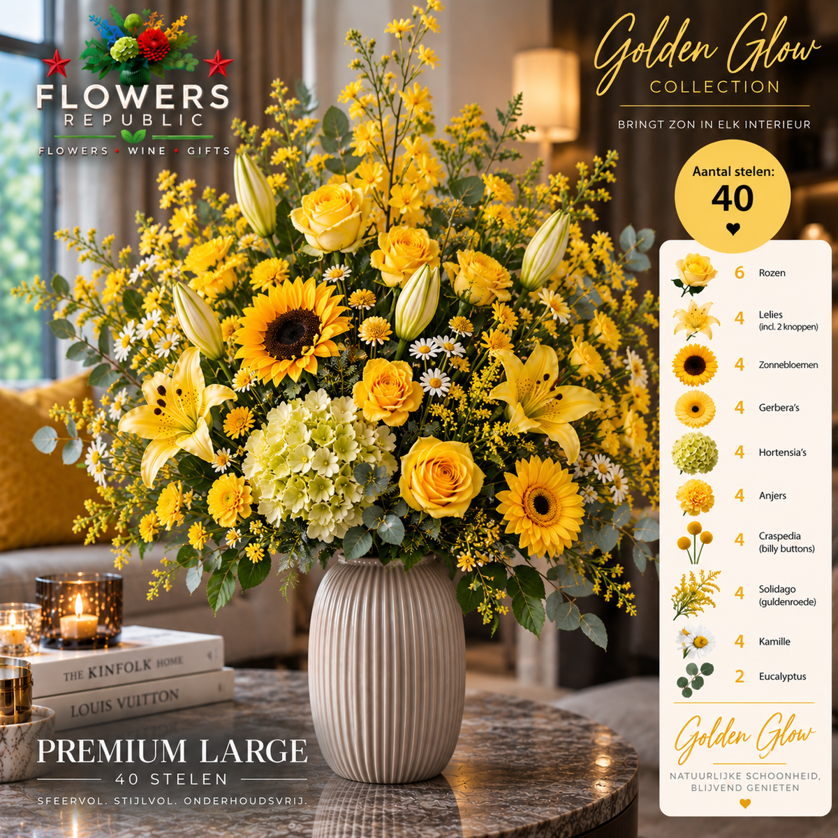 Golden glow Velvet Collectie | Kunstbloemen | Small, Medium, Large, Excellence XL