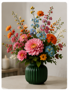 Boeket Colorful Elegance – inclusief donkergroene vaas (Kunstboeket)