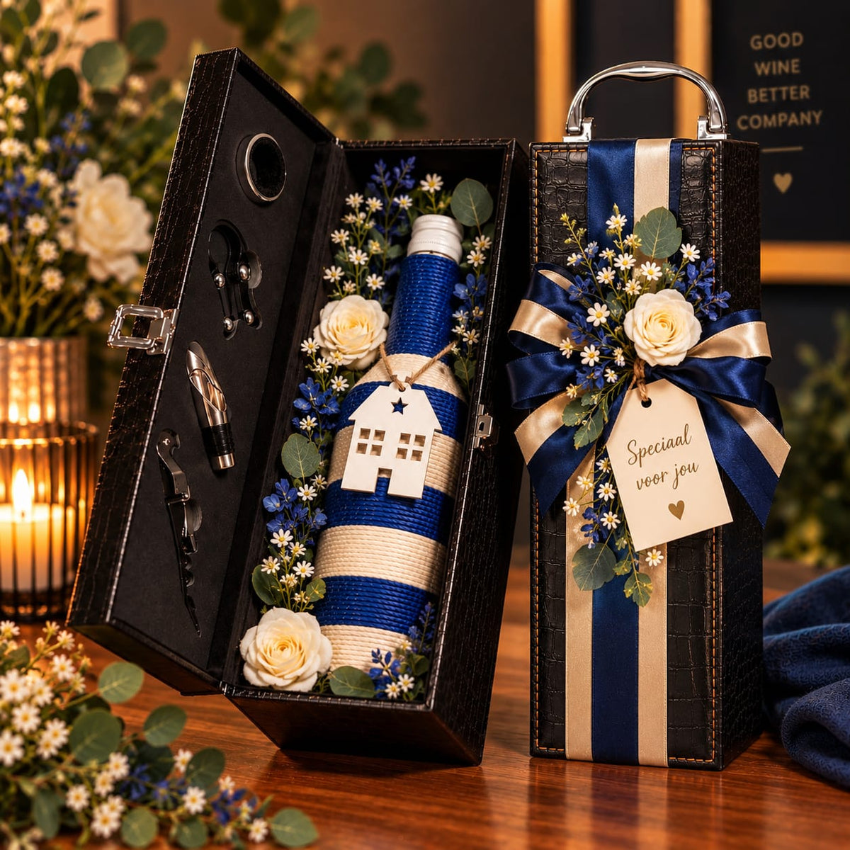 Signature Wine Gift – Sapphire Blue | Wijncadeau in luxe wijnkist met Bloemen (kunst)
