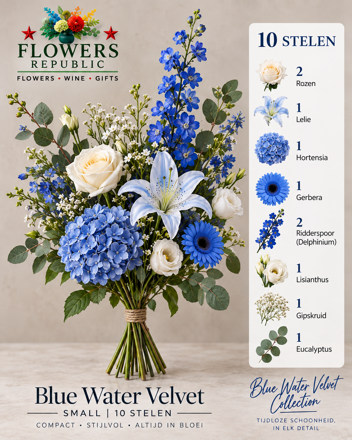 Blue Water Velvet Kollektion | Kunstblumen | Small, Medium, Large, Excellence XL