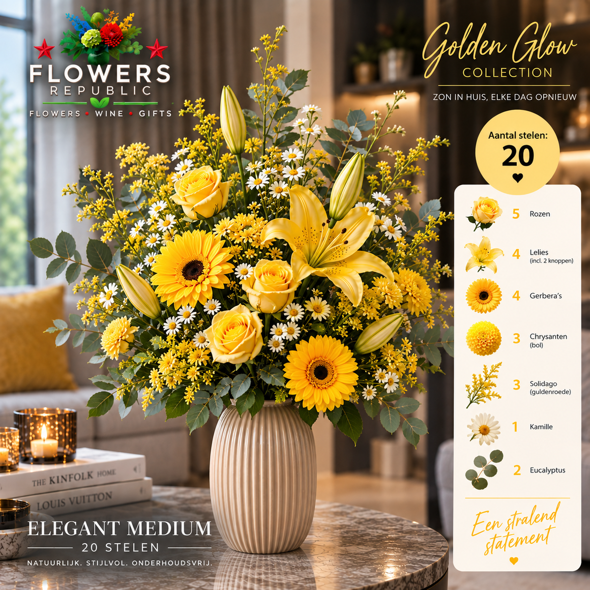 Golden glow Velvet Collectie | Kunstbloemen | Small, Medium, Large, Excellence XL