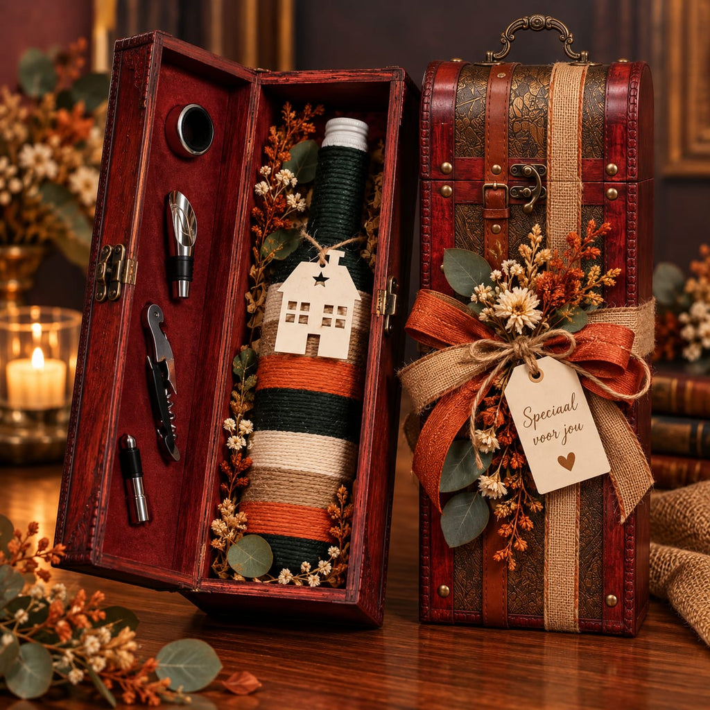 Signature Wine Gift – Amber Noir | Wijncadeau in luxe wijnkist met Bloemen (kunst)