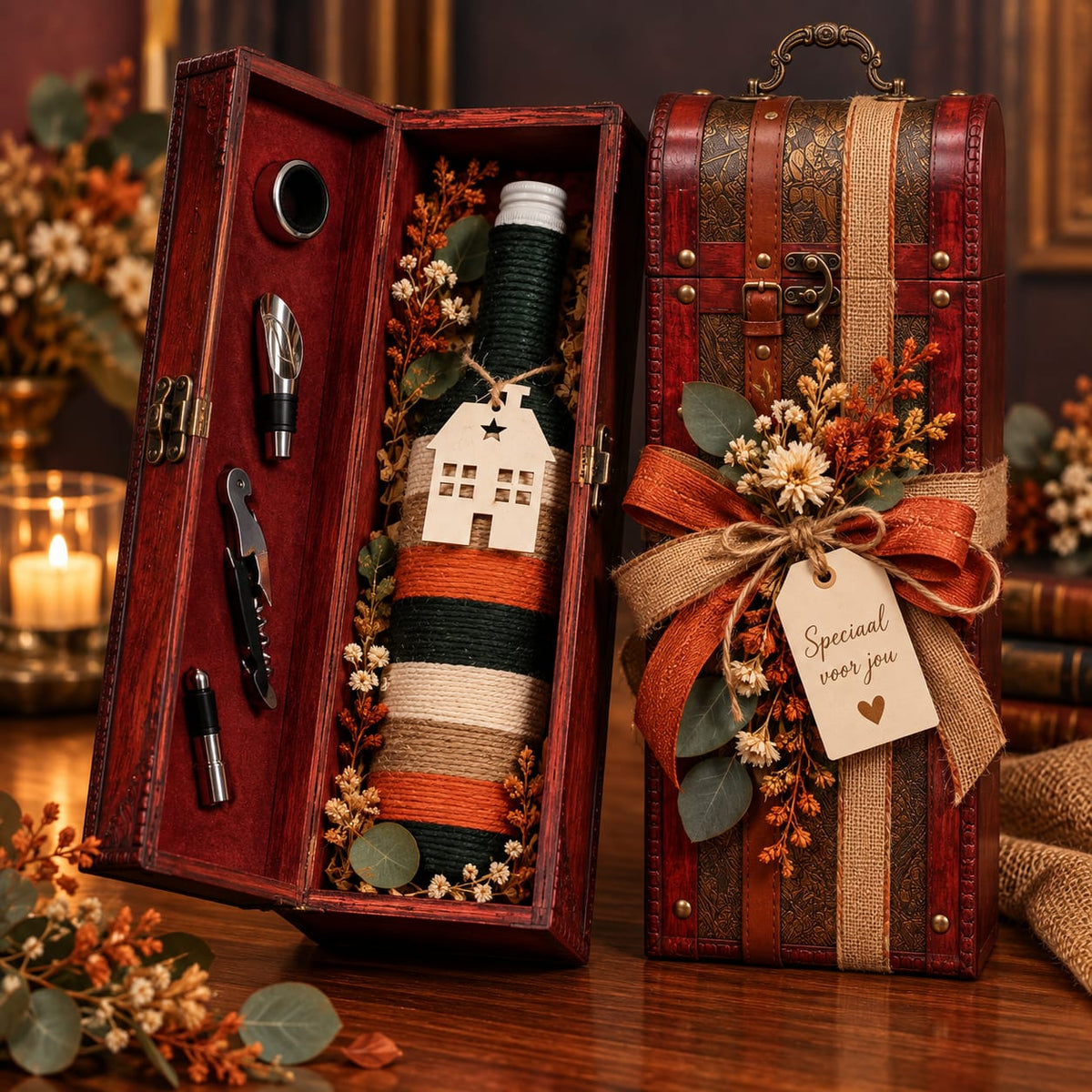 Signature Wine Gift – Amber Noir | Wijncadeau in luxe wijnkist met Bloemen (kunst)