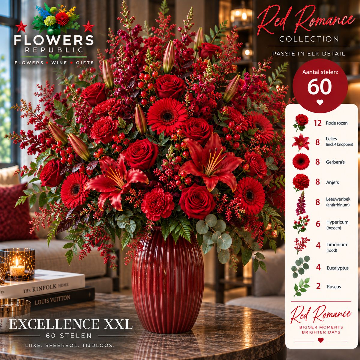 Red Velvet Collectie | Kunstbloemen | Small, Medium, Large, Excellence XL
