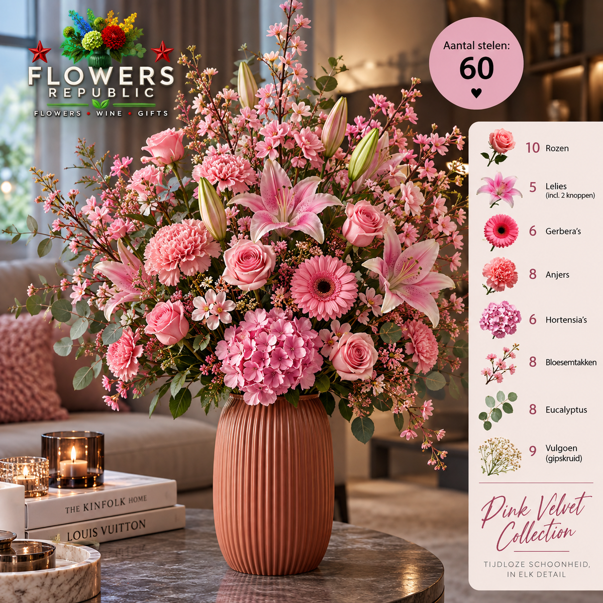 Pink Velvet Collectie | Kunstbloemen | Small, Medium, Large, Excellence XL
