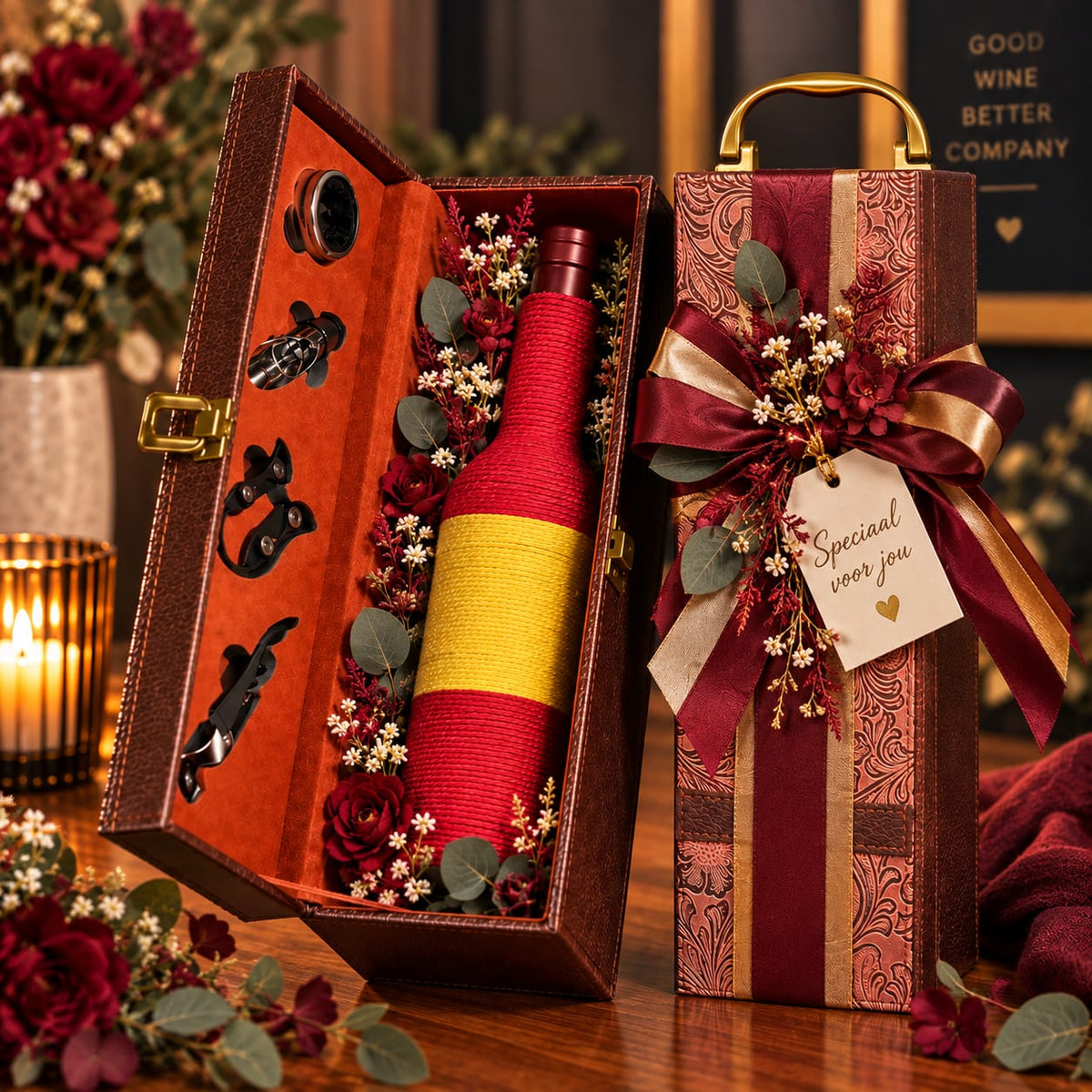Signature Wine Gift – Ruby Red | Wijncadeau in luxe wijnkist met Bloemen (kunst)