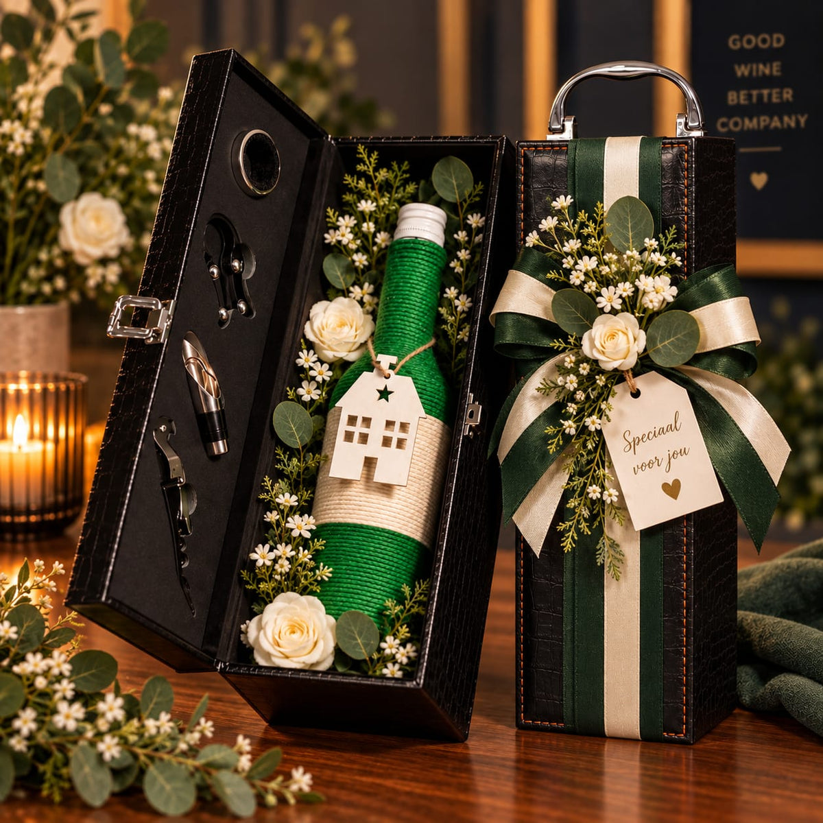 Signature Wine Gift – Emerald Green | Wijncadeau in luxe wijnkist met Bloemen (kunst)