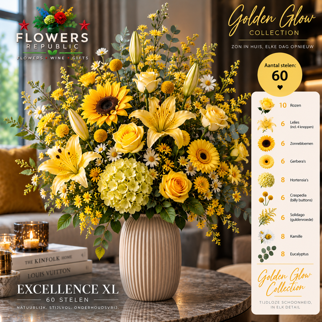 Golden glow Velvet Collectie | Kunstbloemen | Small, Medium, Large, Excellence XL