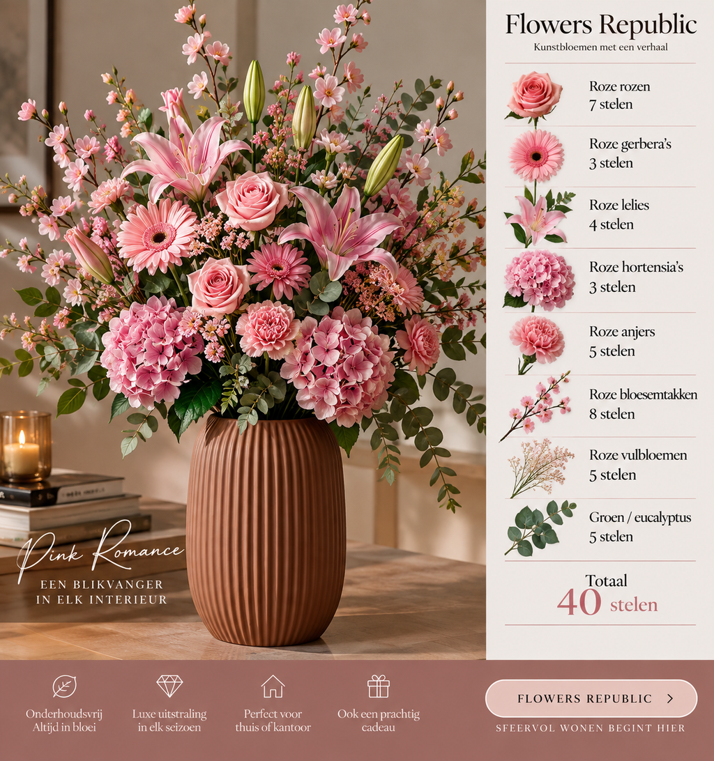 Pink Velvet Collectie | Kunstbloemen | Small, Medium, Large, Excellence XL