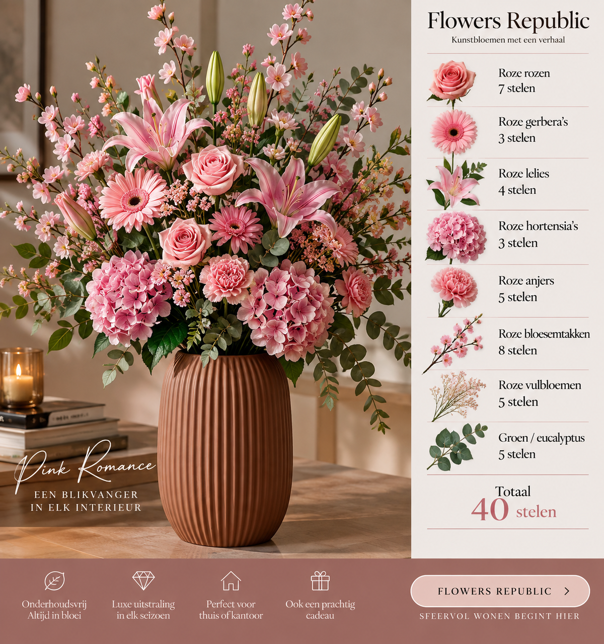 Pink Velvet Collectie | Kunstbloemen | Small, Medium, Large, Excellence XL