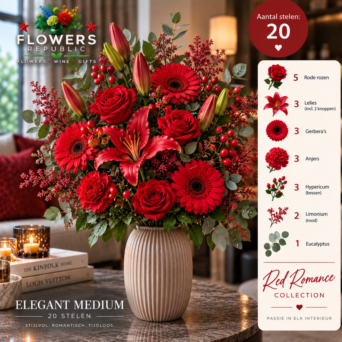 Red Velvet Collectie | Kunstbloemen | Small, Medium, Large, Excellence XL