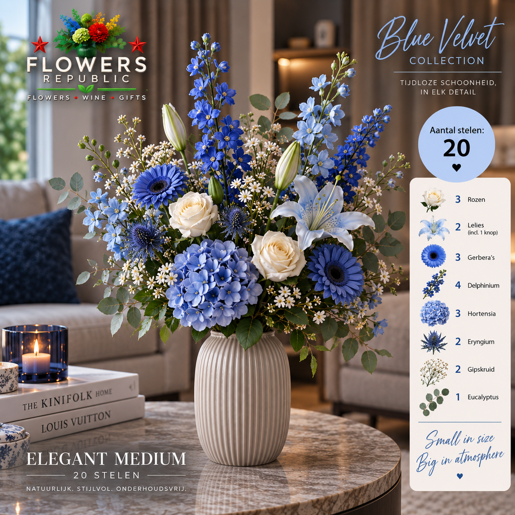 Blue Velvet Collectie | Kunstbloemen | Small, Medium, Large, Excellence XL